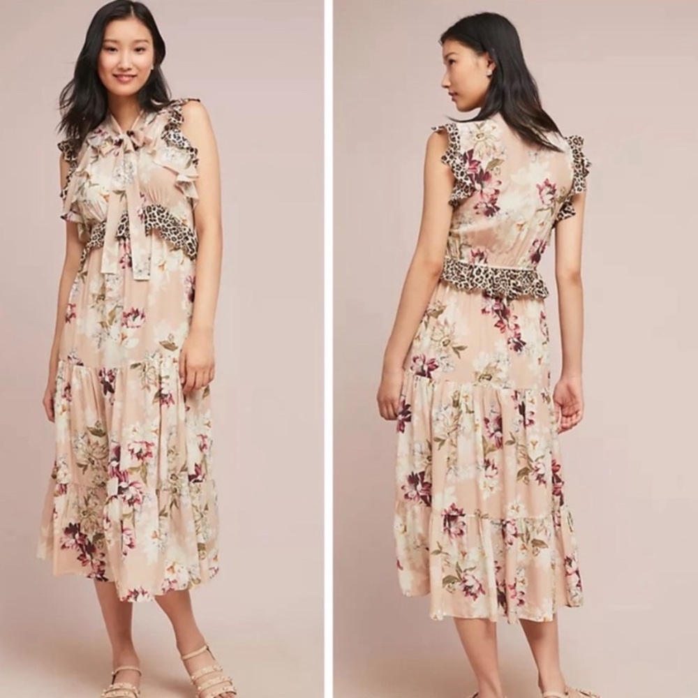 Floral Anthropologie Kachel Silk Blend Ruffle Dress